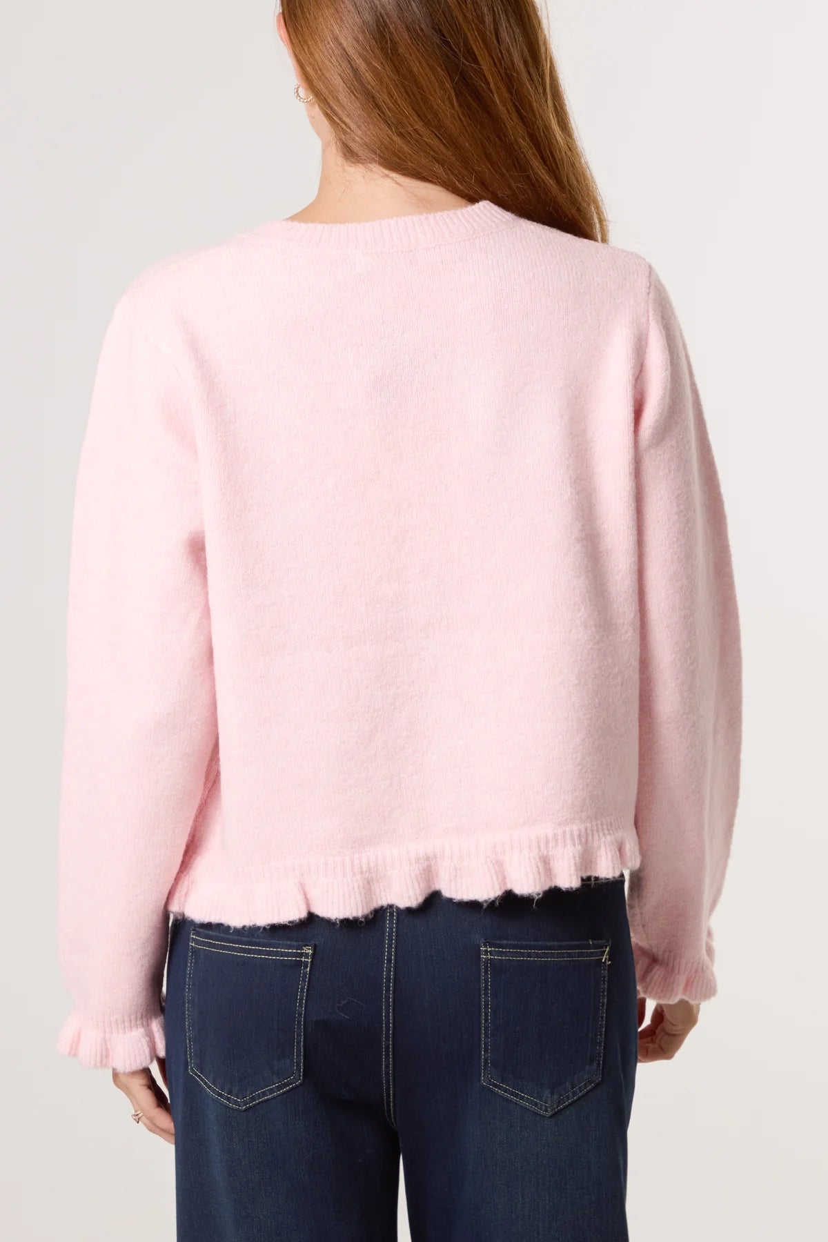 HELENA ruffle trim knit cardigan in pink