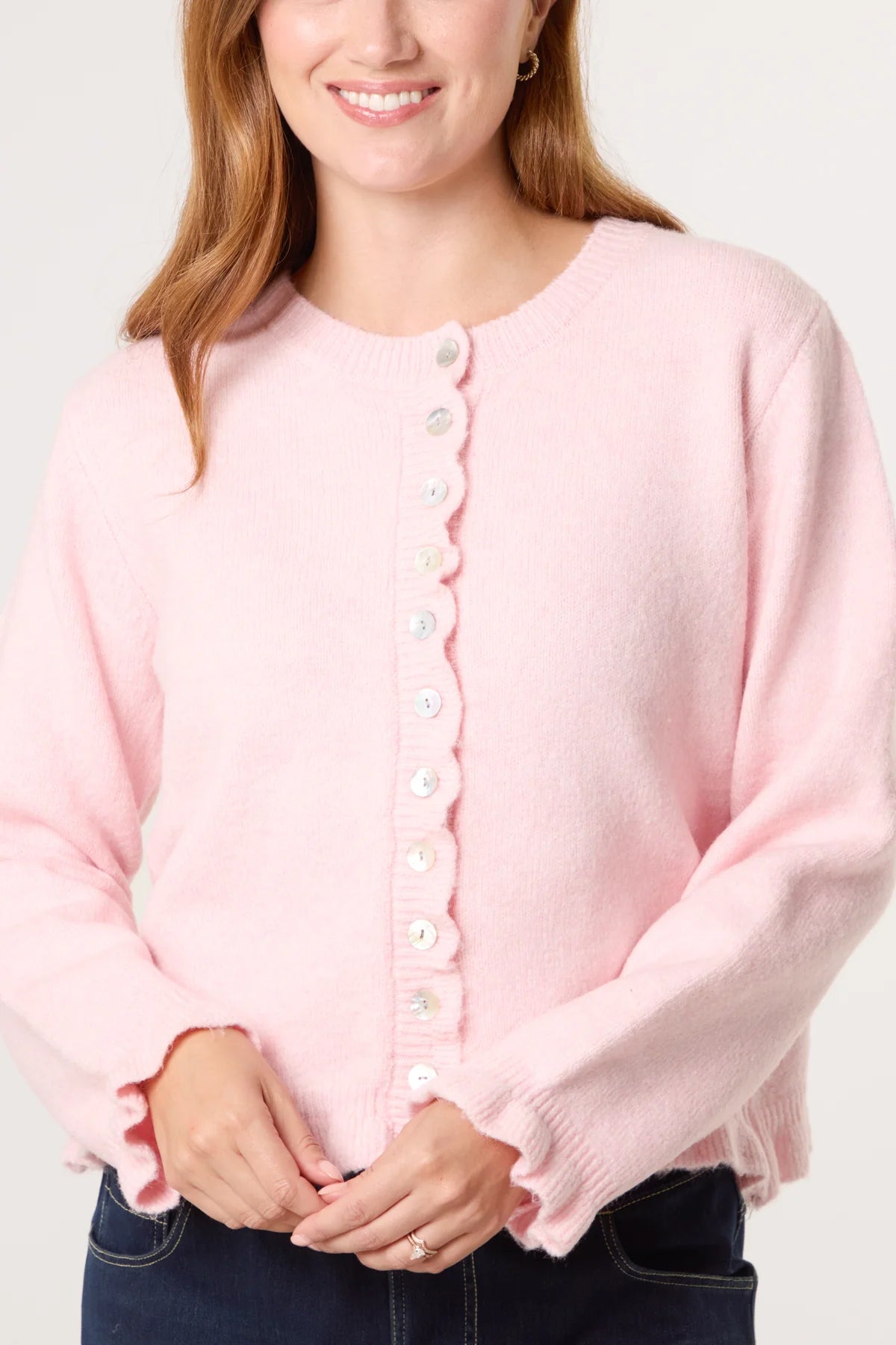 HELENA ruffle trim knit cardigan in pink