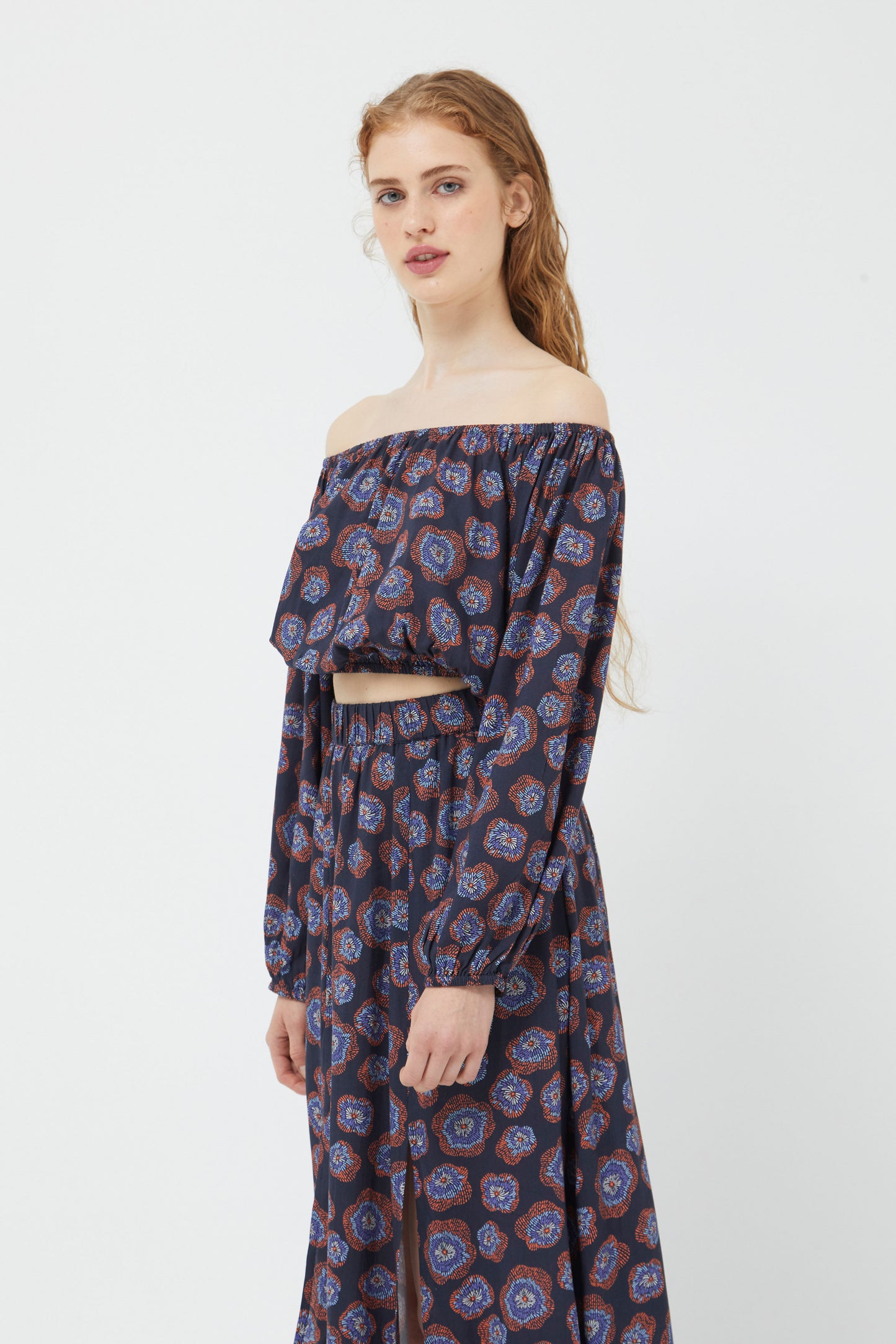 KIM printed off the shoulder top in navy blue
