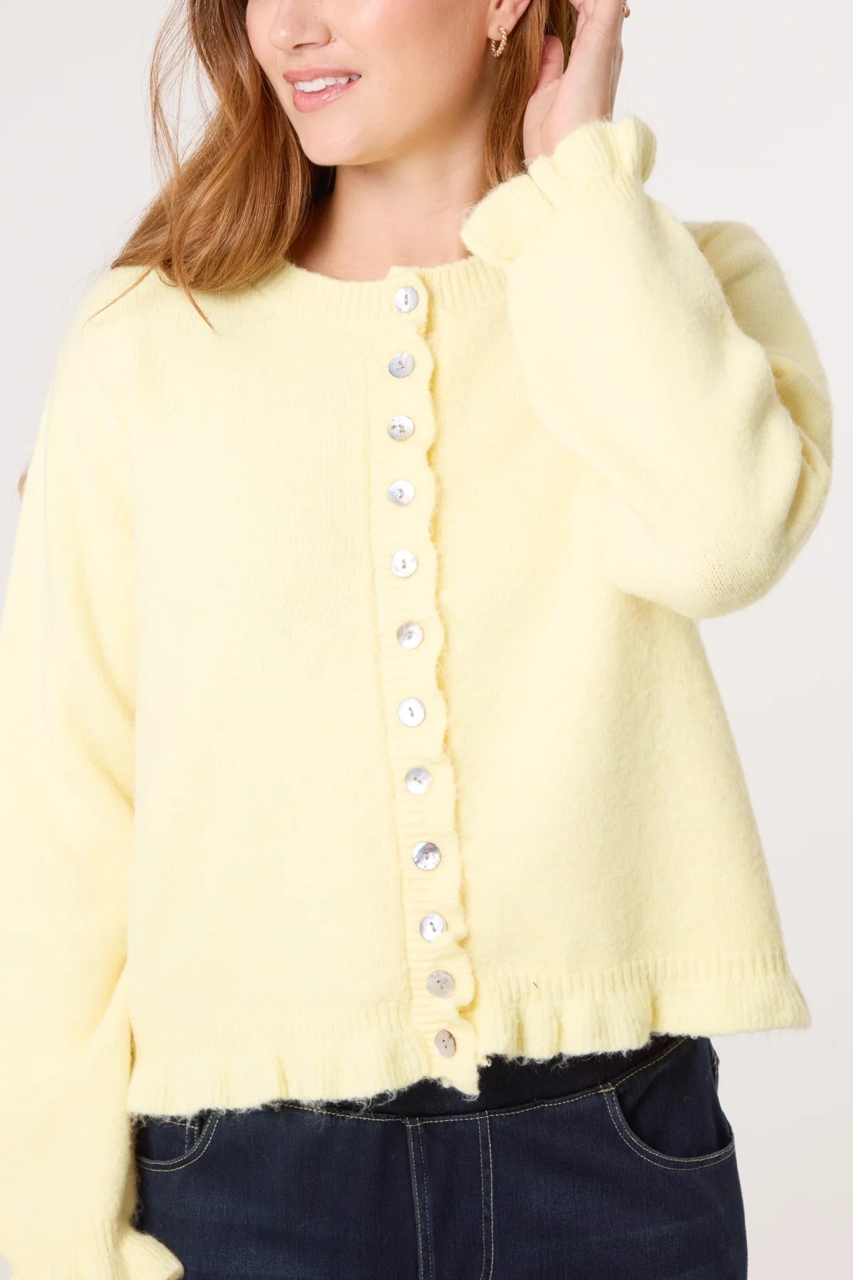 HELENA ruffle trim knit cardigan in lemon