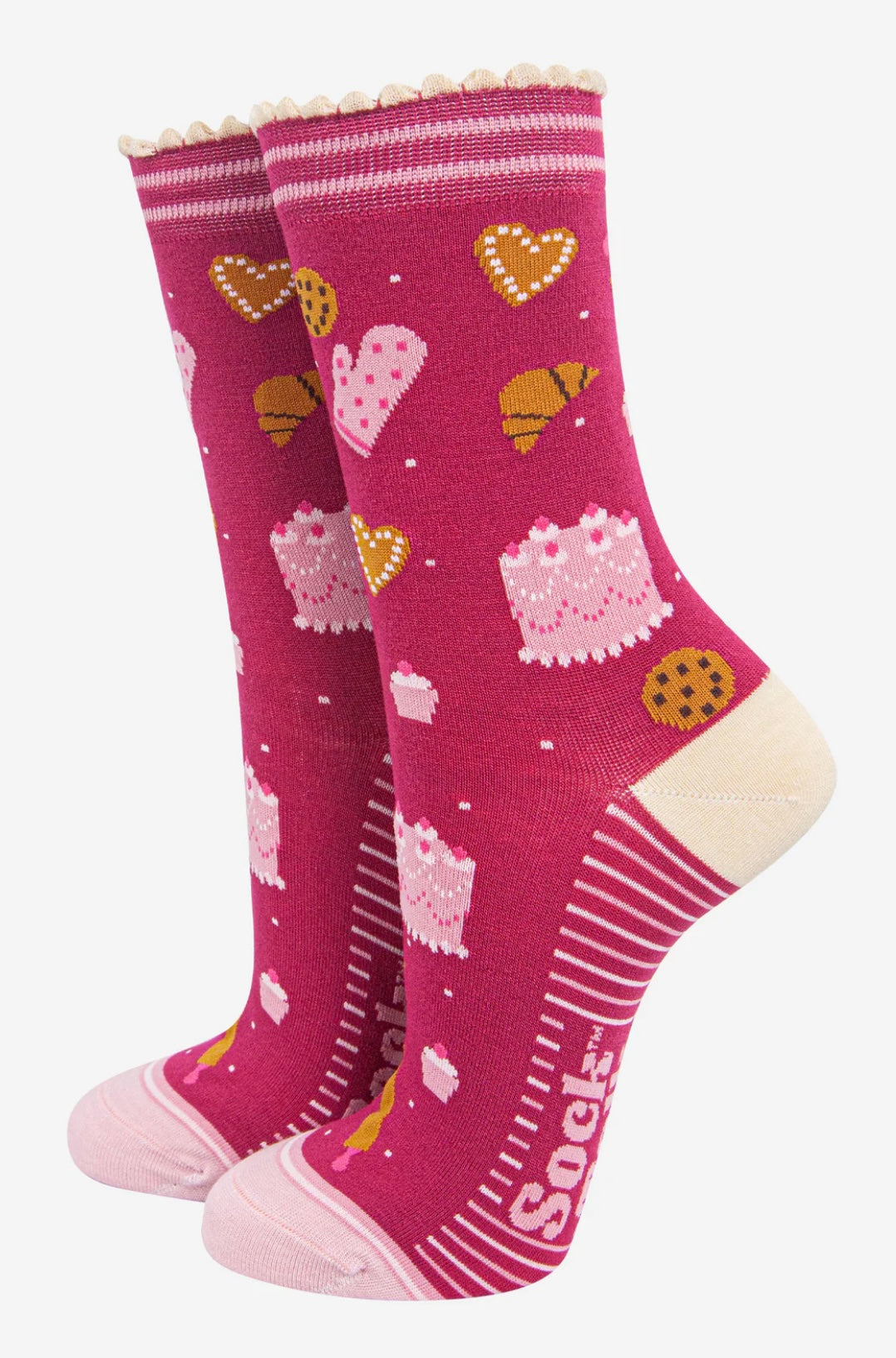 Cakes and croissant socks in raspberry pink