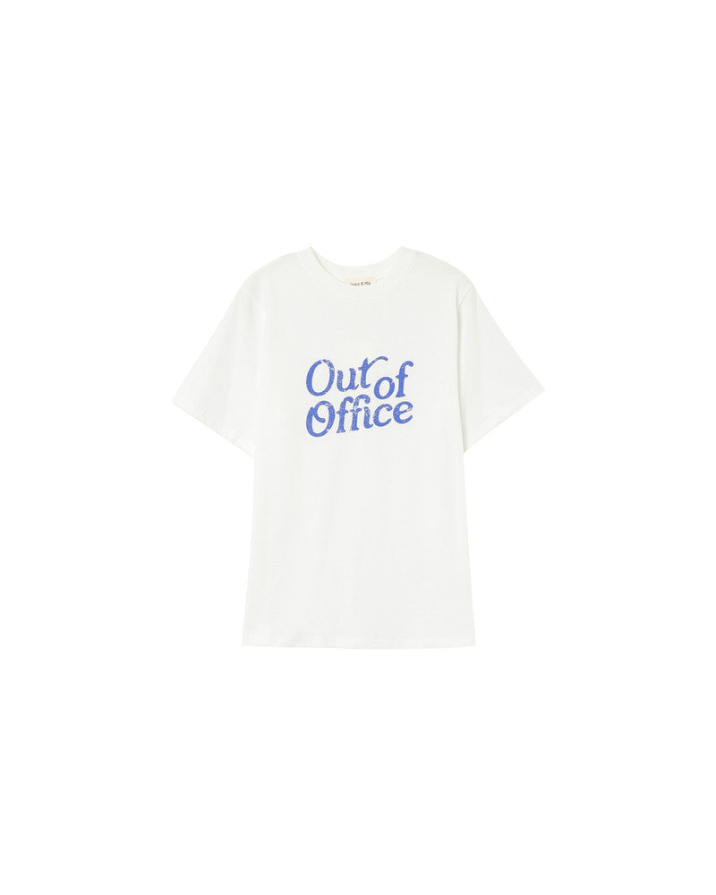 The OUT OF OFFICE white t-shirt with cobalt blue graphic